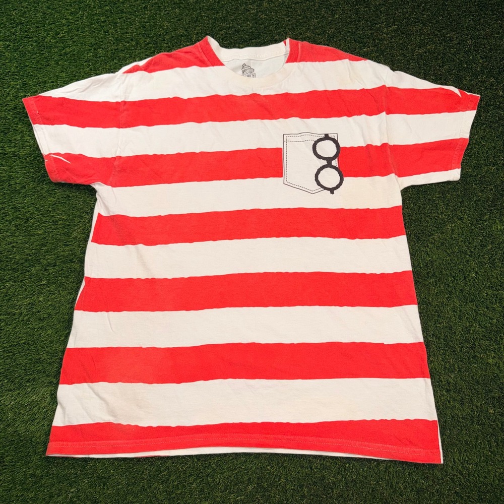 Wheres Waldo Mens Large Red White Striped Glasses Graphic T-Shirt Pocket Print